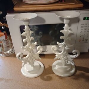 Elegant Vintage Cast Iron White Candle Holders 11"